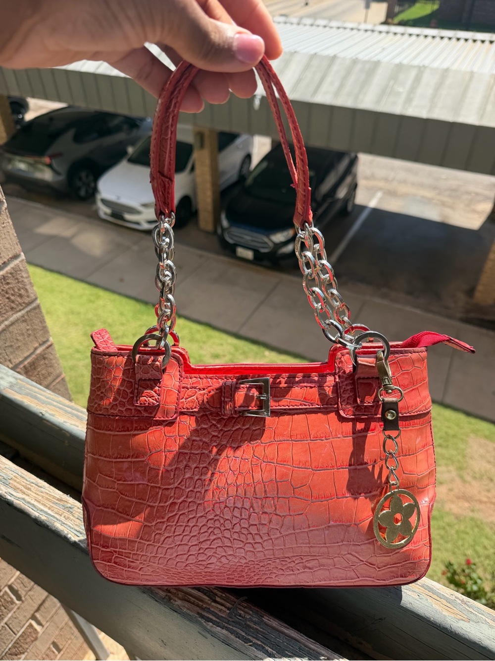 Orange Croc-Embossed Shoulder Bag with Chain Handles